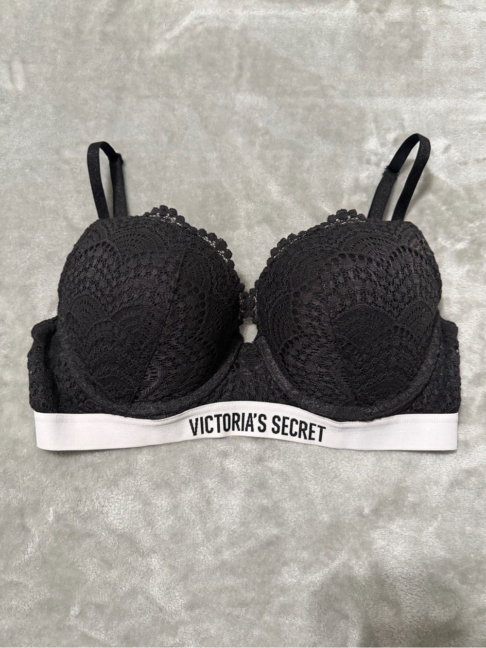 Victoria's Secret Black Lace Logo Band Perfect Shape Push Up Bra Size 34C